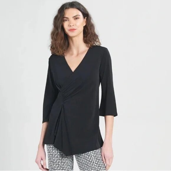 Clara Sun Woo Top Black Side Gathered Drape Stretch Knit Tunic Womens Medium - Picture 11 of 11